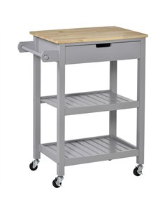 HOMCOM Kitchen Trolley Utility Cart on Wheels with Rubberwood Worktop, Towel Rack, Storage Shelves & Drawer for Dining Room, Gre