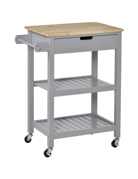 HOMCOM Kitchen Trolley Utility Cart on Wheels with Rubberwood Worktop, Towel Rack, Storage Shelves & Drawer for Dining Room, Gre
