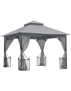Outsunny 3 x 3(m) Garden Gazebo Patio Party Tent Shelter Outdoor Canopy Double Tier Sun Shade Metal Frame Netting, Light Grey
