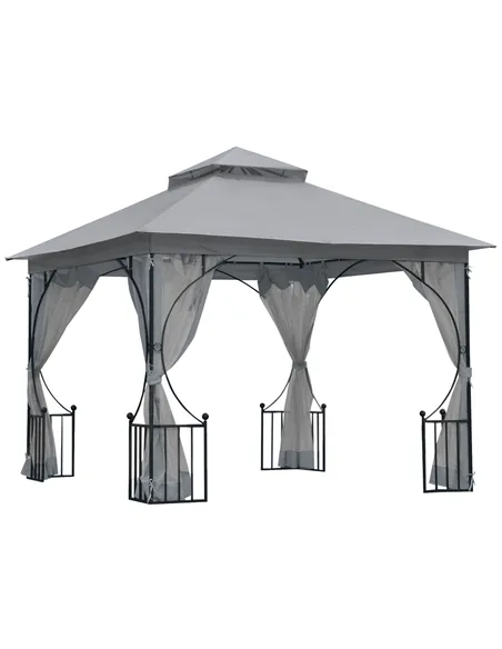 Outsunny 3 x 3(m) Garden Gazebo Patio Party Tent Shelter Outdoor Canopy Double Tier Sun Shade Metal Frame Netting, Light Grey