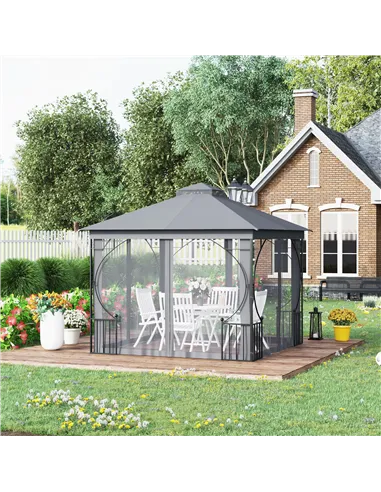 Outsunny 3 x 3(m) Garden Gazebo Patio Party Tent Shelter Outdoor Canopy Double Tier Sun Shade Metal Frame Netting, Light Grey