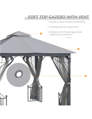 Outsunny 3 x 3(m) Garden Gazebo Patio Party Tent Shelter Outdoor Canopy Double Tier Sun Shade Metal Frame Netting, Light Grey