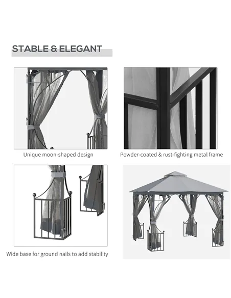 Outsunny 3 x 3(m) Garden Gazebo Patio Party Tent Shelter Outdoor Canopy Double Tier Sun Shade Metal Frame Netting, Light Grey