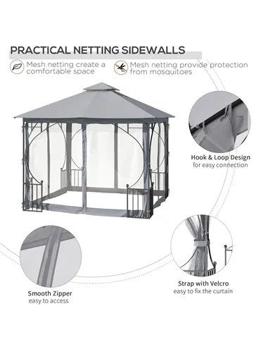 Outsunny 3 x 3(m) Garden Gazebo Patio Party Tent Shelter Outdoor Canopy Double Tier Sun Shade Metal Frame Netting, Light Grey