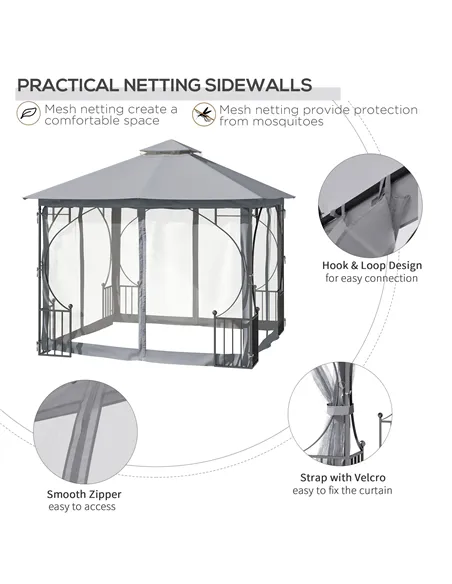 Outsunny 3 x 3(m) Garden Gazebo Patio Party Tent Shelter Outdoor Canopy Double Tier Sun Shade Metal Frame Netting, Light Grey