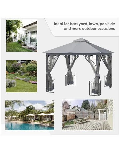 Outsunny 3 x 3(m) Garden Gazebo Patio Party Tent Shelter Outdoor Canopy Double Tier Sun Shade Metal Frame Netting, Light Grey