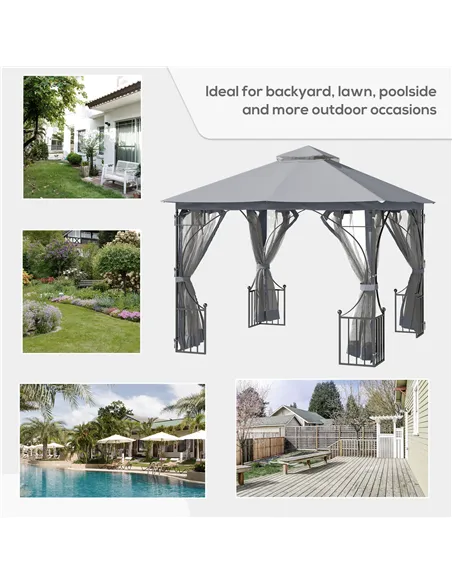 Outsunny 3 x 3(m) Garden Gazebo Patio Party Tent Shelter Outdoor Canopy Double Tier Sun Shade Metal Frame Netting, Light Grey