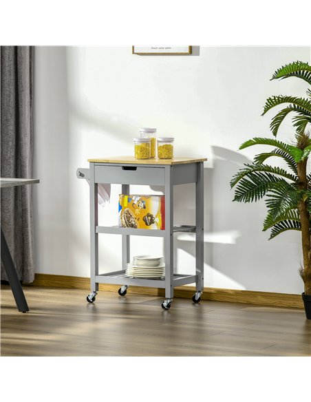 HOMCOM Kitchen Trolley Utility Cart on Wheels with Rubberwood Worktop, Towel Rack, Storage Shelves & Drawer for Dining Room, Gre