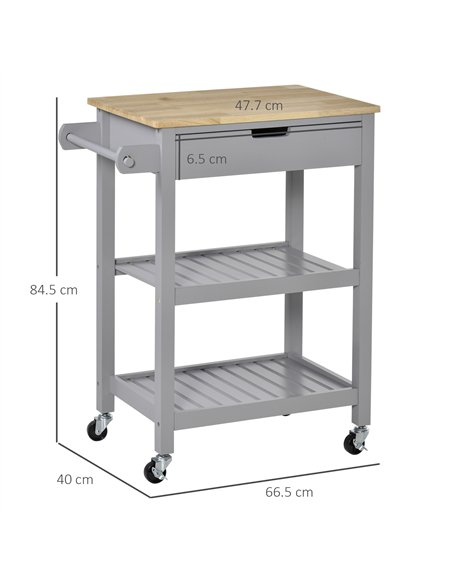 HOMCOM Kitchen Trolley Utility Cart on Wheels with Rubberwood Worktop, Towel Rack, Storage Shelves & Drawer for Dining Room, Gre