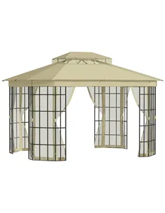 Outsunny 3.7 x 3(m) Patio Gazebo Canopy Garden Tent Shelter with 2 Tiers Roof and Mosquito Netting, Metal Frame, Beige
