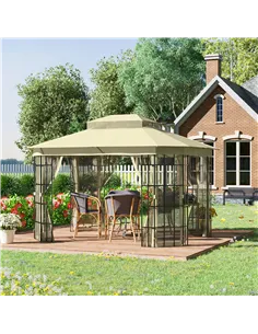 Outsunny 3.7 x 3(m) Patio Gazebo Canopy Garden Tent Shelter with 2 Tiers Roof and Mosquito Netting, Metal Frame, Beige 2
