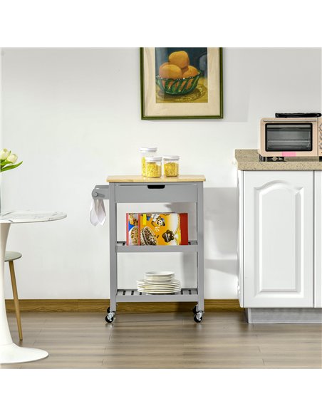 HOMCOM Kitchen Trolley Utility Cart on Wheels with Rubberwood Worktop, Towel Rack, Storage Shelves & Drawer for Dining Room, Gre
