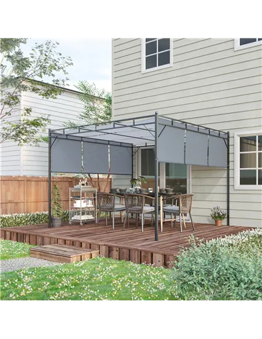 Outsunny 3 x 3(m) Steel Pergola Gazebo with Retractable Roof, Garden Gazebo Canopy Sun Shade Shelter for Outdoor, Deck, Patio, D