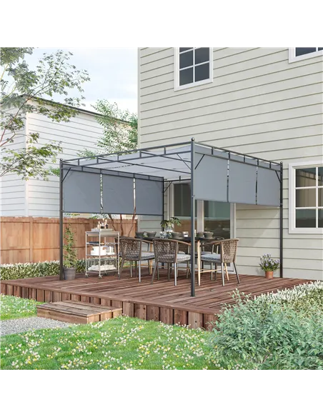 Outsunny 3 x 3(m) Steel Pergola Gazebo with Retractable Roof, Garden Gazebo Canopy Sun Shade Shelter for Outdoor, Deck, Patio, D