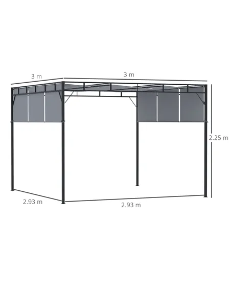 Outsunny 3 x 3(m) Steel Pergola Gazebo with Retractable Roof, Garden Gazebo Canopy Sun Shade Shelter for Outdoor, Deck, Patio, D