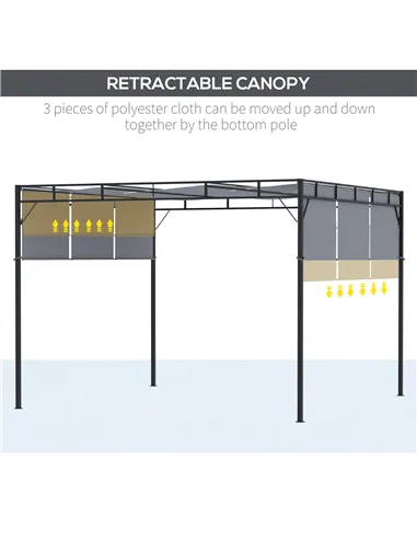 Outsunny 3 x 3(m) Steel Pergola Gazebo with Retractable Roof, Garden Gazebo Canopy Sun Shade Shelter for Outdoor, Deck, Patio, D