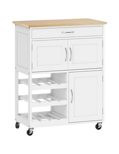 HOMCOM Modern Kitchen Trolley, Rolling Island Storage Cart with Drawer, 9-bottle Wine Rack, Door Cabinets, Wooden Countertop, Wh