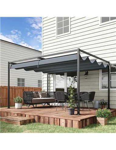 Outsunny 4 x 3(m) Metal Outdoor Pergola with Retractable Roof, Outdoor Gazebo with Drainage Holes for Garden, Patio, Lawn, Grey
