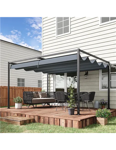Outsunny 4 x 3(m) Metal Outdoor Pergola with Retractable Roof, Outdoor Gazebo with Drainage Holes for Garden, Patio, Lawn, Grey