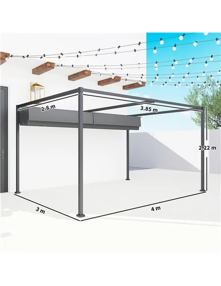 Outsunny 4 x 3(m) Metal Outdoor Pergola with Retractable Roof, Outdoor Gazebo with Drainage Holes for Garden, Patio, Lawn, Grey
