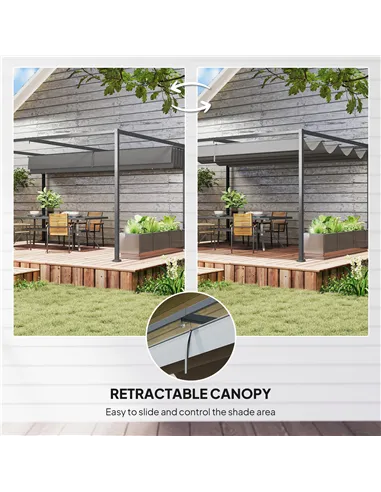 Outsunny 4 x 3(m) Metal Outdoor Pergola with Retractable Roof, Outdoor Gazebo with Drainage Holes for Garden, Patio, Lawn, Grey