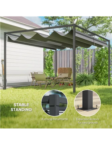 Outsunny 4 x 3(m) Metal Outdoor Pergola with Retractable Roof, Outdoor Gazebo with Drainage Holes for Garden, Patio, Lawn, Grey