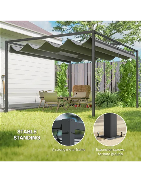 Outsunny 4 x 3(m) Metal Outdoor Pergola with Retractable Roof, Outdoor Gazebo with Drainage Holes for Garden, Patio, Lawn, Grey