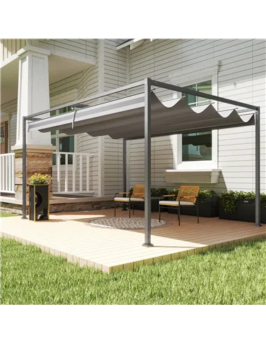 Outsunny 4 x 3(m) Metal Outdoor Pergola with Retractable Roof, Outdoor Gazebo with Drainage Holes for Garden, Patio, Lawn, Grey