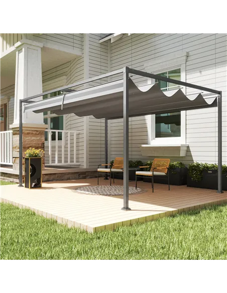 Outsunny 4 x 3(m) Metal Outdoor Pergola with Retractable Roof, Outdoor Gazebo with Drainage Holes for Garden, Patio, Lawn, Grey