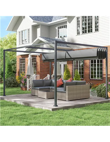 Outsunny 4 x 3(m) Metal Outdoor Pergola with Retractable Roof, Outdoor Gazebo with Drainage Holes for Garden, Patio, Lawn, Grey