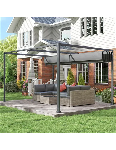 Outsunny 4 x 3(m) Metal Outdoor Pergola with Retractable Roof, Outdoor Gazebo with Drainage Holes for Garden, Patio, Lawn, Grey