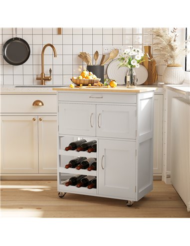 HOMCOM Modern Kitchen Trolley, Rolling Island Storage Cart with Drawer, 9-bottle Wine Rack, Door Cabinets, Wooden Countertop, Wh