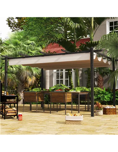 Outsunny 4 x 3(m) Aluminium Pergola with Retractable Roof, Garden Gazebo Canopy Shelter for Outdoor, Patio, Cream White