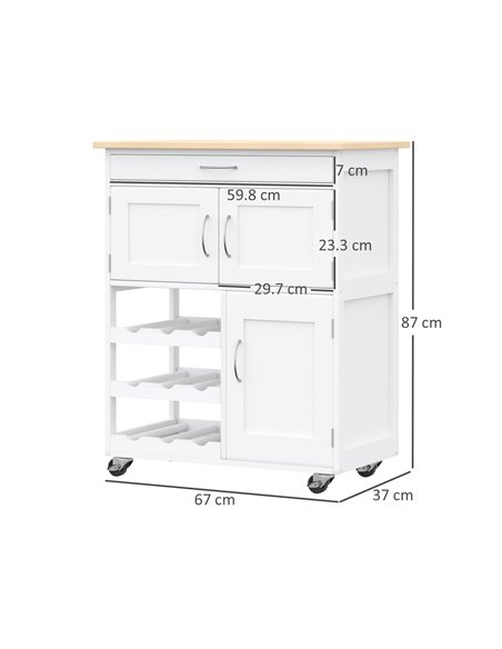 HOMCOM Modern Kitchen Trolley, Rolling Island Storage Cart with Drawer, 9-bottle Wine Rack, Door Cabinets, Wooden Countertop, Wh