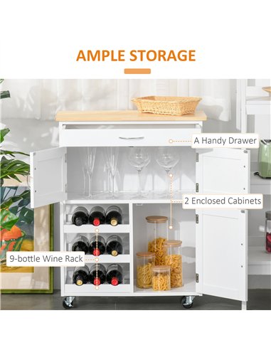 HOMCOM Modern Kitchen Trolley, Rolling Island Storage Cart with Drawer, 9-bottle Wine Rack, Door Cabinets, Wooden Countertop, Wh