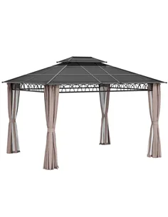Outsunny 3.6 x 3 (m) Outdoor Polycarbonate Gazebo, Double Roof Hard Top Gazebo with Nettings & Curtains for Garden, Lawn, Patio