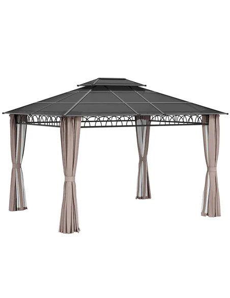 Outsunny 3.6 x 3 (m) Outdoor Polycarbonate Gazebo, Double Roof Hard Top Gazebo with Nettings & Curtains for Garden, Lawn, Patio