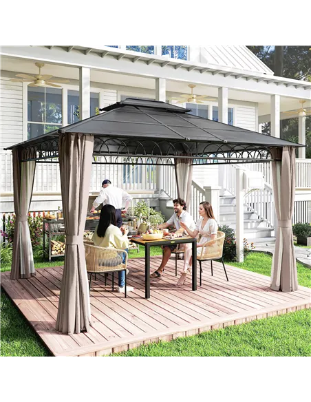 Outsunny 3.6 x 3 (m) Outdoor Polycarbonate Gazebo, Double Roof Hard Top Gazebo with Nettings & Curtains for Garden, Lawn, Patio