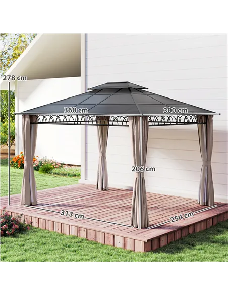 Outsunny 3.6 x 3 (m) Outdoor Polycarbonate Gazebo, Double Roof Hard Top Gazebo with Nettings & Curtains for Garden, Lawn, Patio
