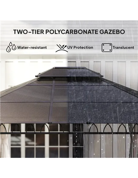 Outsunny 3.6 x 3 (m) Outdoor Polycarbonate Gazebo, Double Roof Hard Top Gazebo with Nettings & Curtains for Garden, Lawn, Patio