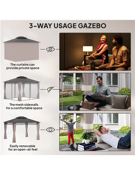 Outsunny 3.6 x 3 (m) Outdoor Polycarbonate Gazebo, Double Roof Hard Top Gazebo with Nettings & Curtains for Garden, Lawn, Patio