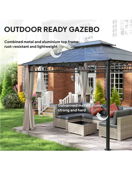 Outsunny 3.6 x 3 (m) Outdoor Polycarbonate Gazebo, Double Roof Hard Top Gazebo with Nettings & Curtains for Garden, Lawn, Patio