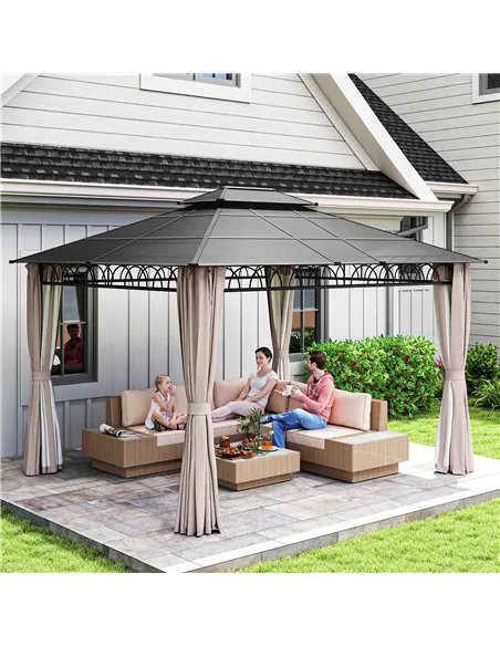Outsunny 3.6 x 3 (m) Outdoor Polycarbonate Gazebo, Double Roof Hard Top Gazebo with Nettings & Curtains for Garden, Lawn, Patio