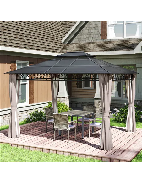 Outsunny 3.6 x 3 (m) Outdoor Polycarbonate Gazebo, Double Roof Hard Top Gazebo with Nettings & Curtains for Garden, Lawn, Patio