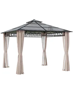 Outsunny 3 x 3 (m) Outdoor Polycarbonate Gazebo, Double Roof Hard Top Gazebo with Galvanised Steel Frame, Nettings & Curtains fo