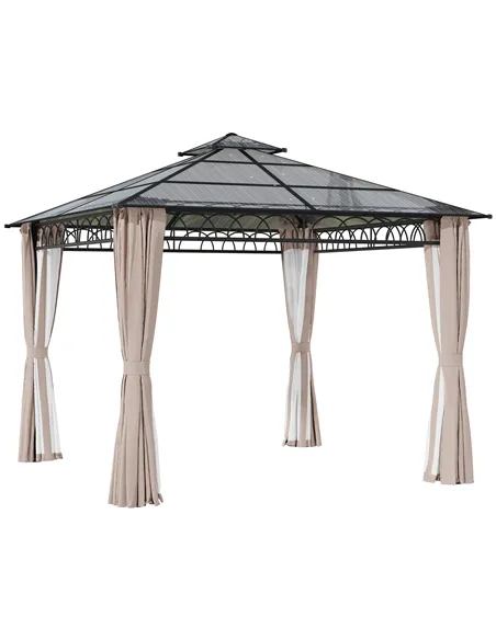 Outsunny 3 x 3 (m) Outdoor Polycarbonate Gazebo, Double Roof Hard Top Gazebo with Galvanised Steel Frame, Nettings & Curtains fo
