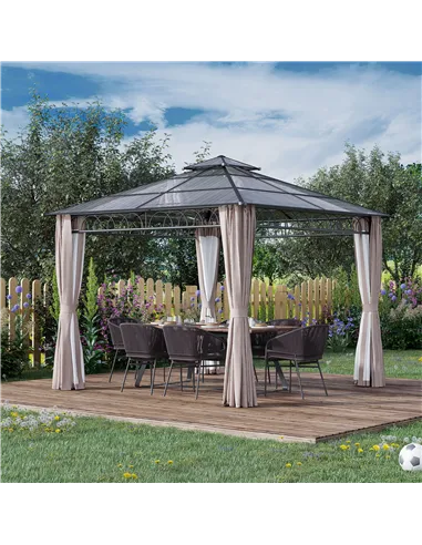 Outsunny 3 x 3 (m) Outdoor Polycarbonate Gazebo, Double Roof Hard Top Gazebo with Galvanised Steel Frame, Nettings & Curtains fo