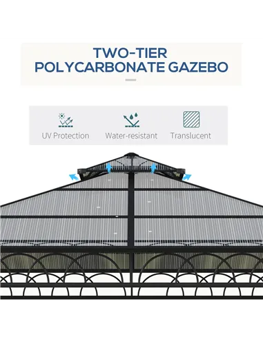 Outsunny 3 x 3 (m) Outdoor Polycarbonate Gazebo, Double Roof Hard Top Gazebo with Galvanised Steel Frame, Nettings & Curtains fo
