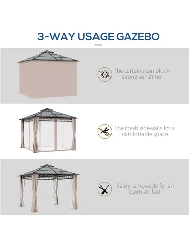 Outsunny 3 x 3 (m) Outdoor Polycarbonate Gazebo, Double Roof Hard Top Gazebo with Galvanised Steel Frame, Nettings & Curtains fo