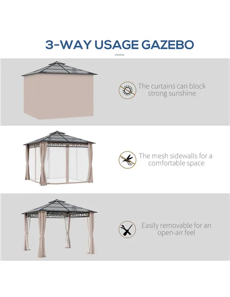 Outsunny 3 x 3 (m) Outdoor Polycarbonate Gazebo, Double Roof Hard Top Gazebo with Galvanised Steel Frame, Nettings & Curtains fo